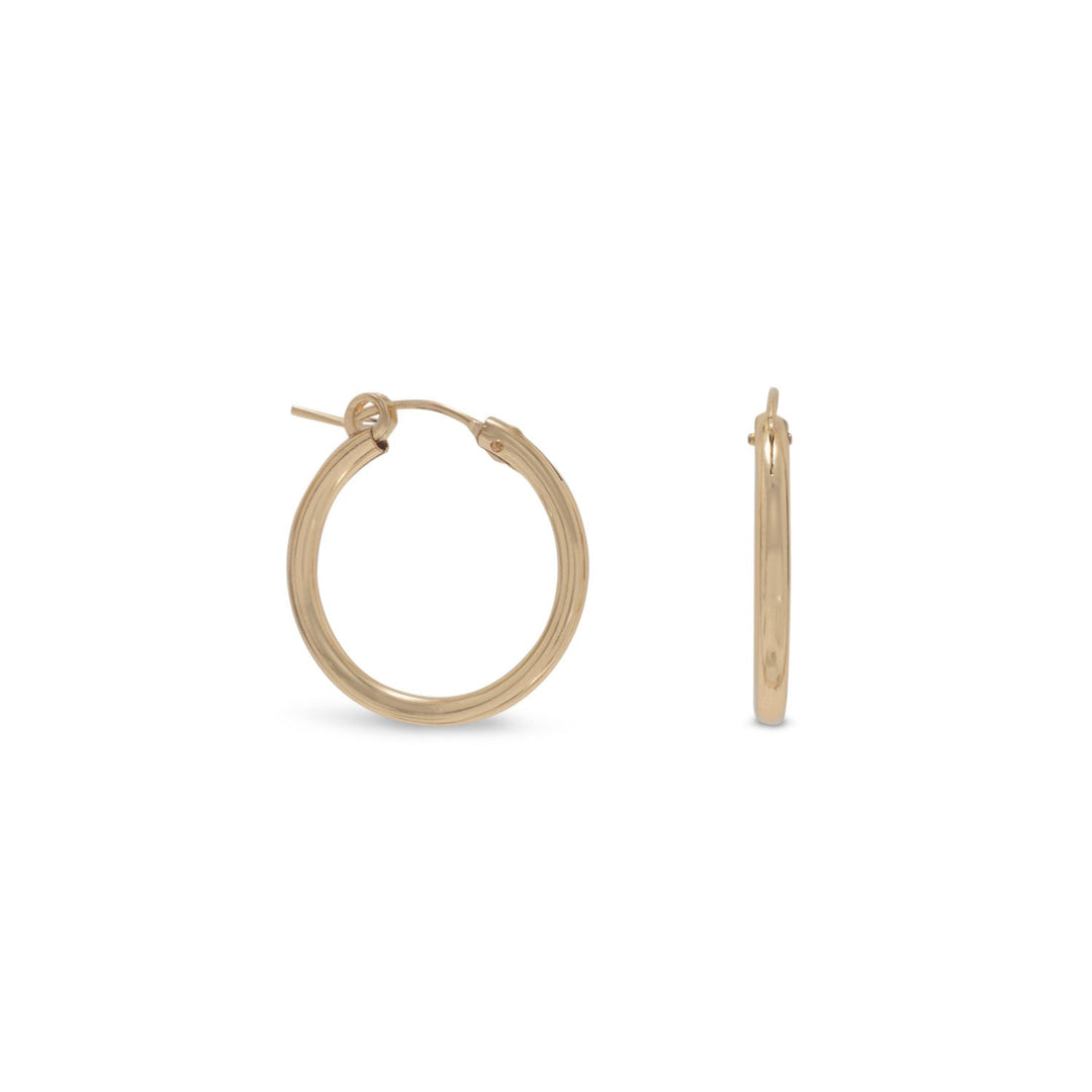 Introducing our classic 12/20 gold filled 2mm x 22mm hoop earrings, a stunning addition to any jewelry collection. Crafted with precision and care, these earrings are made with 12 karat gold filling, a process that involves bonding a layer of 12 karat gold to a base metal.