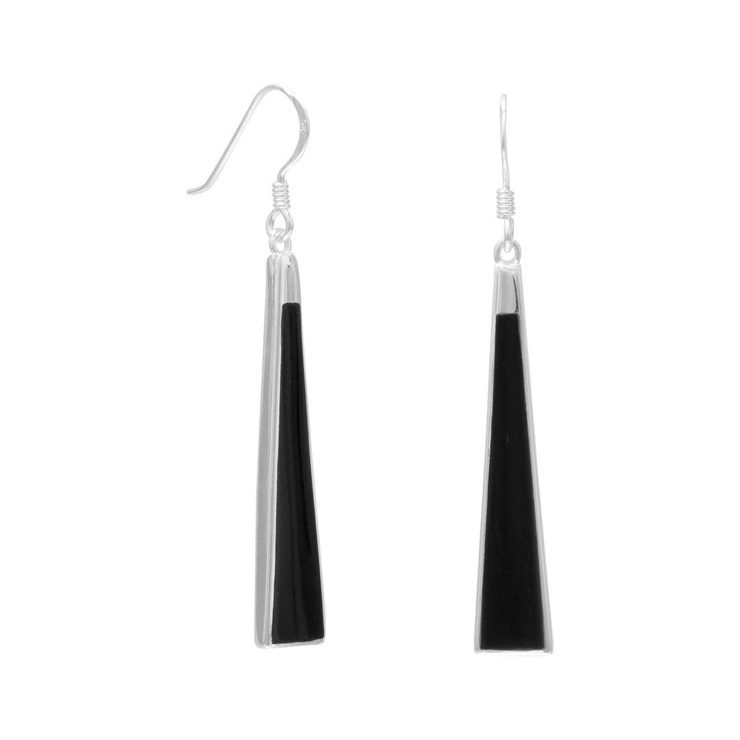 Sterling silver and black onyx french wire earrings. The long triangle shape black onyx measures 2mm - 6mm wide and 30mm long. The earrings hang approximately 49mm. .925 Sterling Silver