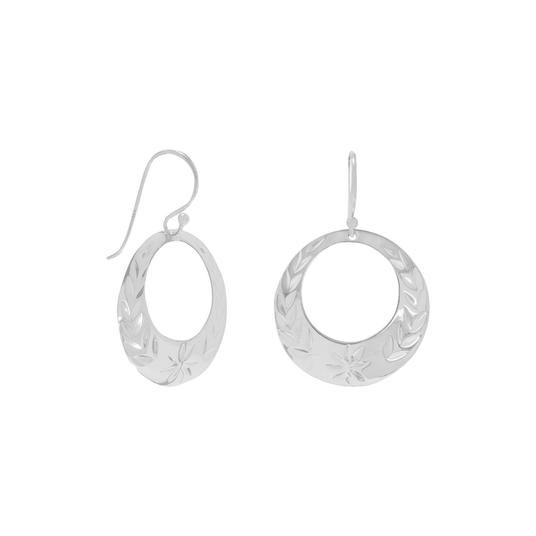 Diamond cut sterling silver french wire earrings with a floral design. The circles measure 22mm. The earrings hang approximately 36mm. .925 Sterling Silver