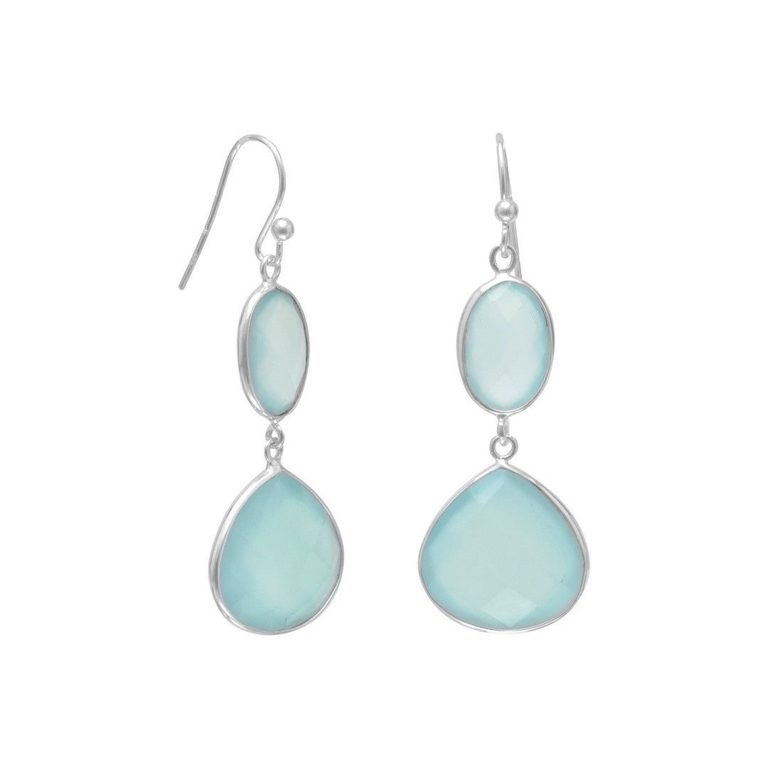 Sterling silver french wire earrings with faceted oval and round sea green chalcedony drops. The oval chalcedony measures 8mm x 12mm. The round chalcedony measures 15mm. The earrings hang approximately 2". .925 Sterling Silver