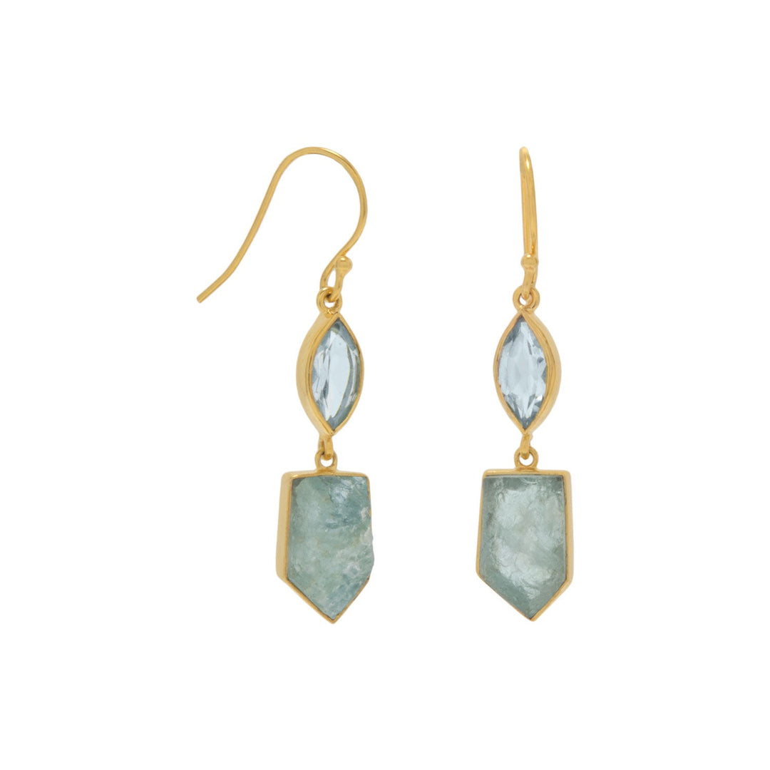14 karat gold plated sterling silver faceted blue topaz and rough cut aquamarine french wire drop earrings. The marquise shaped faceted blue topaz measures 5mm x 10mm, and the rough-cut aquamarine measures 7mm x 13mm. The earring hangs approximately 1.6"..925 Sterling Silver