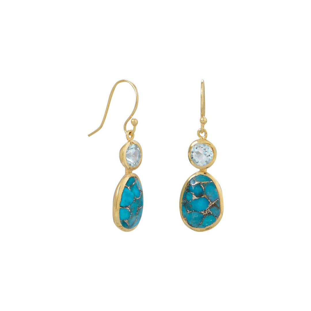 14 karat gold plated sterling silver french wire earrings featuring a 6mm round bezel set faceted sky blue topaz stone and a 10mm x 14mm bezel set copper infused turquoise oblong oval stone. The earrings hang approximately 1.5". .925 Sterling Silver