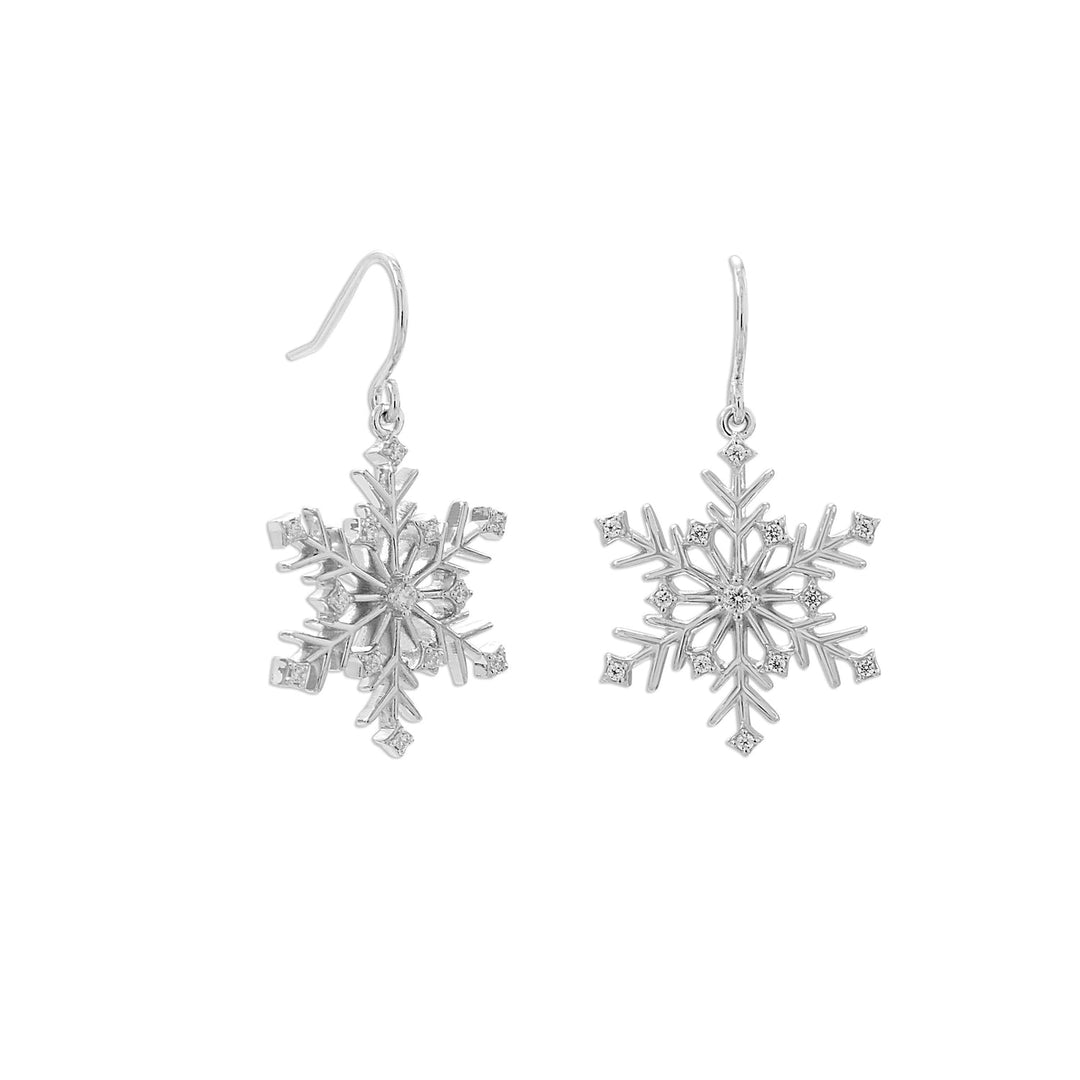 Let it snow! Pretty rhodium plated sterling silver french wire earrings. Snowflakes measure 19.1mm x 21.7mm with pops of sparkle from 1.2mm Cubic Zirconias throughout. Hanging length is 33mm. .925 Sterling Silver