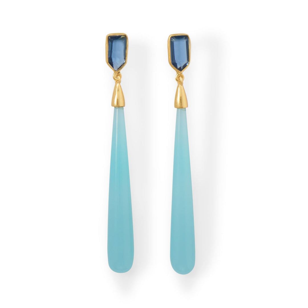 Exquisite 14 karat gold plated sterling silver earrings. Post features 5mm x 10mm irregular shape polygon blue glass with 7mm x 50mm 3-dimensional oblong green chalcedony drops. Full hanging length is 67mm.