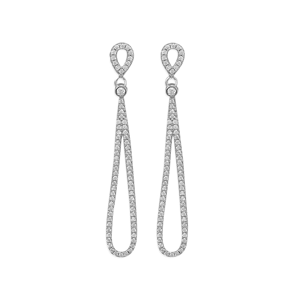 Perfect for the bride to be or prom night - you will shine bright all night in these spectacular Simply elegant. Rhodium plated sterling silver, post back earrings with 152 Cubic Zirconia settings on a pear drop. Approximately 37.5mm x 7.5mm with a 47mm hang length.