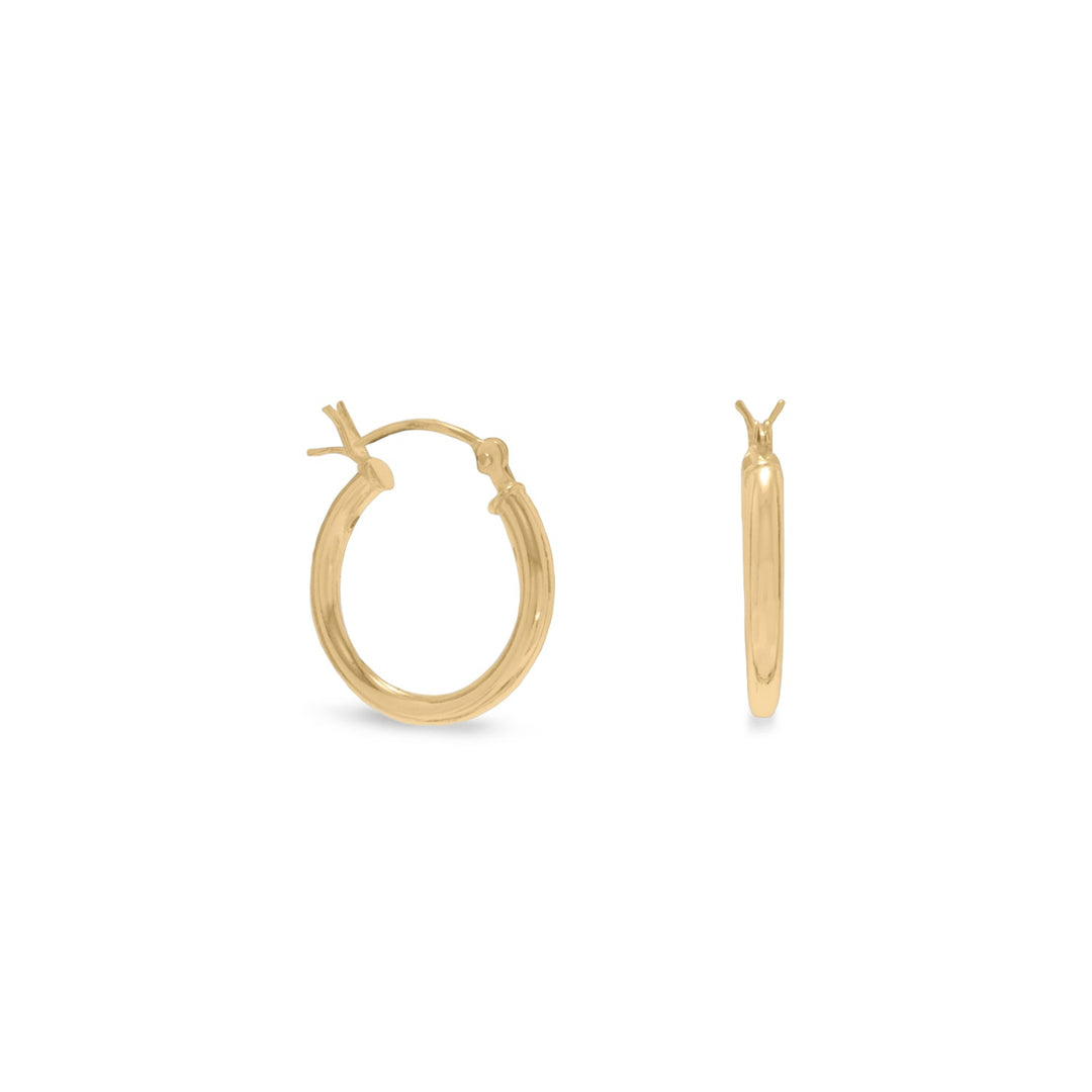 Introducing our exquisite 2mm x 16mm hoop earrings, crafted from premium .925 sterling silver and finished with a luxurious 14 karat gold plating.