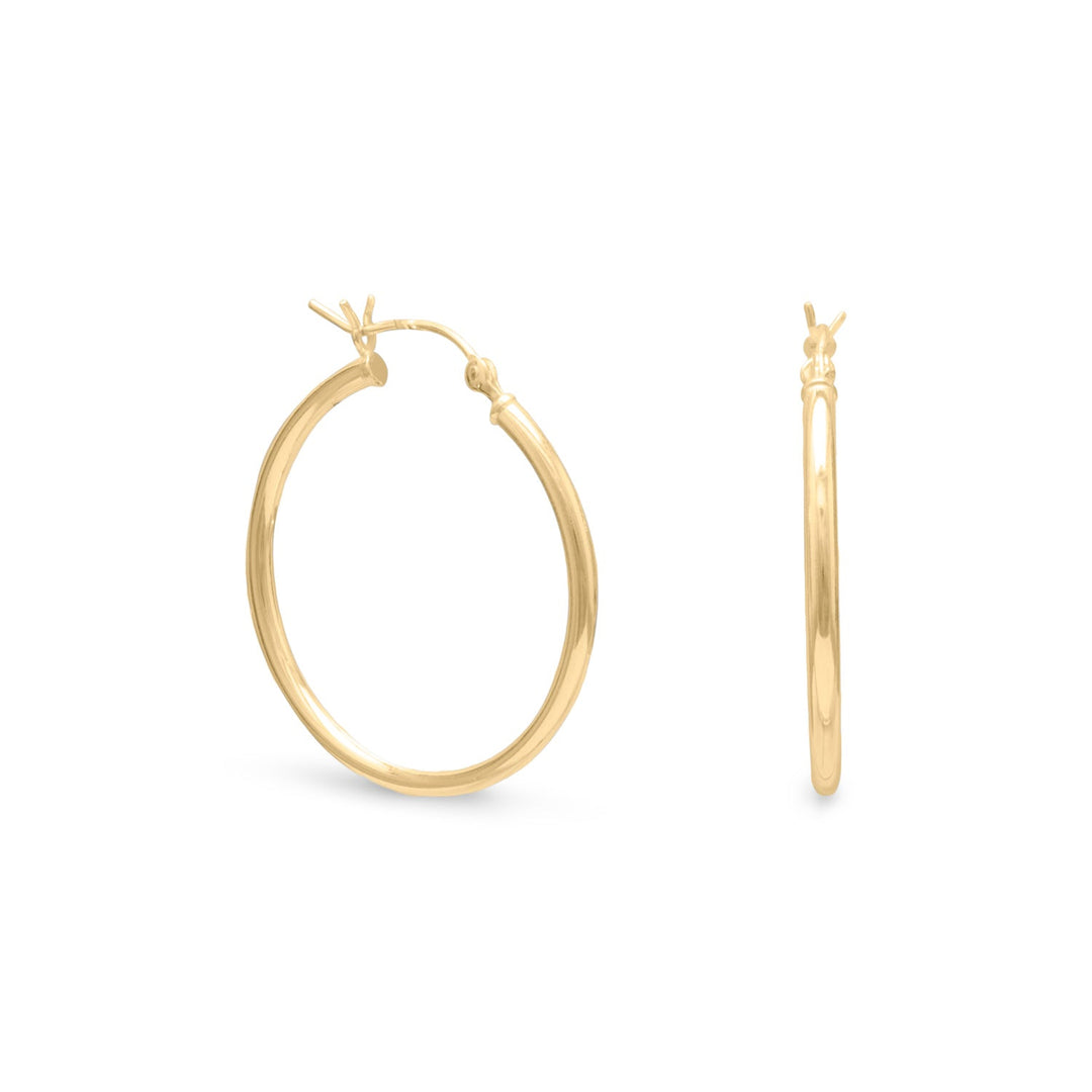 2mm x 28mm 14 karat gold plated sterling silver hoop earrings.<br>.925 Sterling Silver