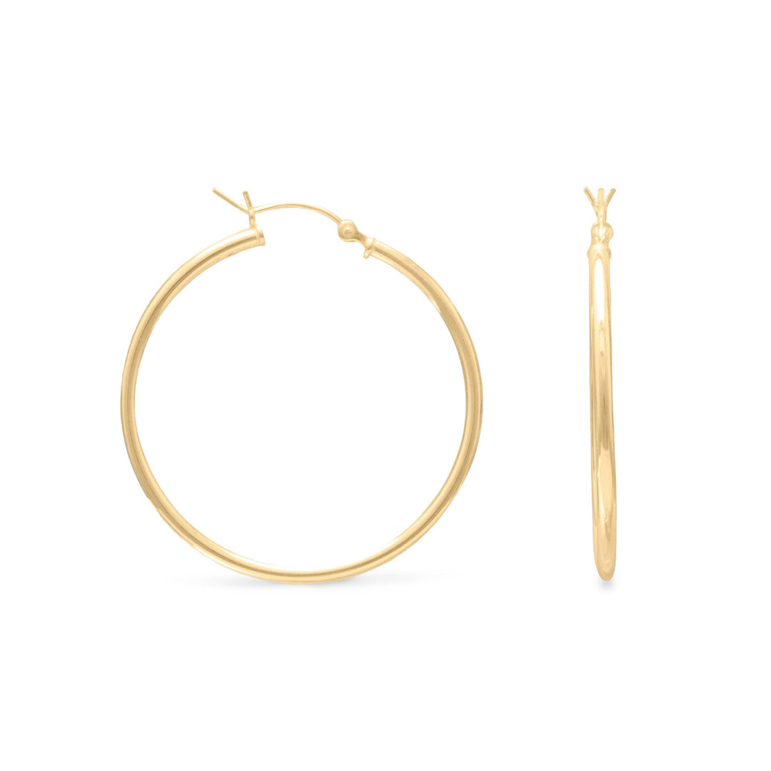 2mm x 35mm 14 karat gold plated sterling silver hoop earrings. .925 Sterling Silve