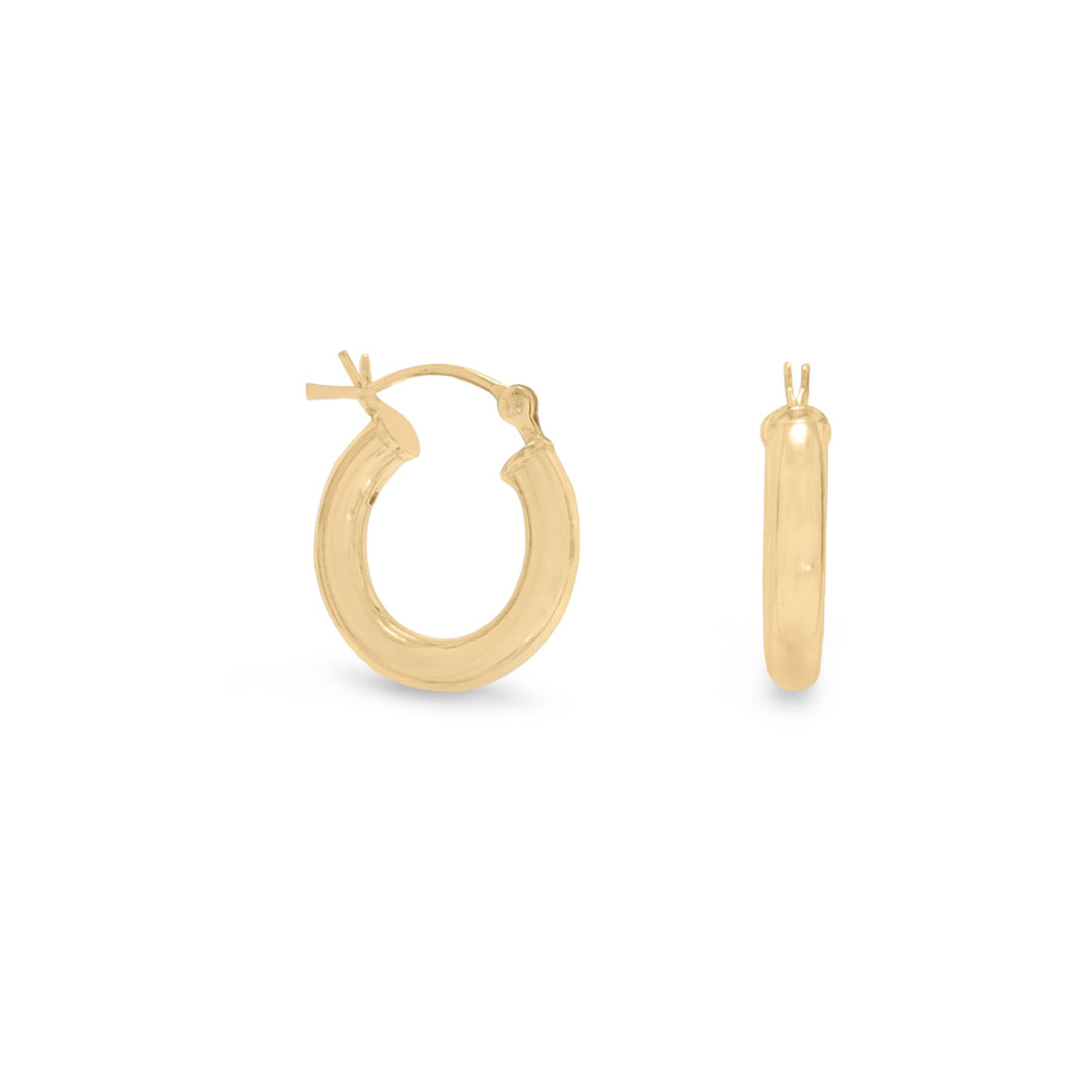 Introducing our exquisite 3mm x 18mm hoop earrings, crafted from premium .925 sterling silver and finished with a luxurious 14 karat gold plating.