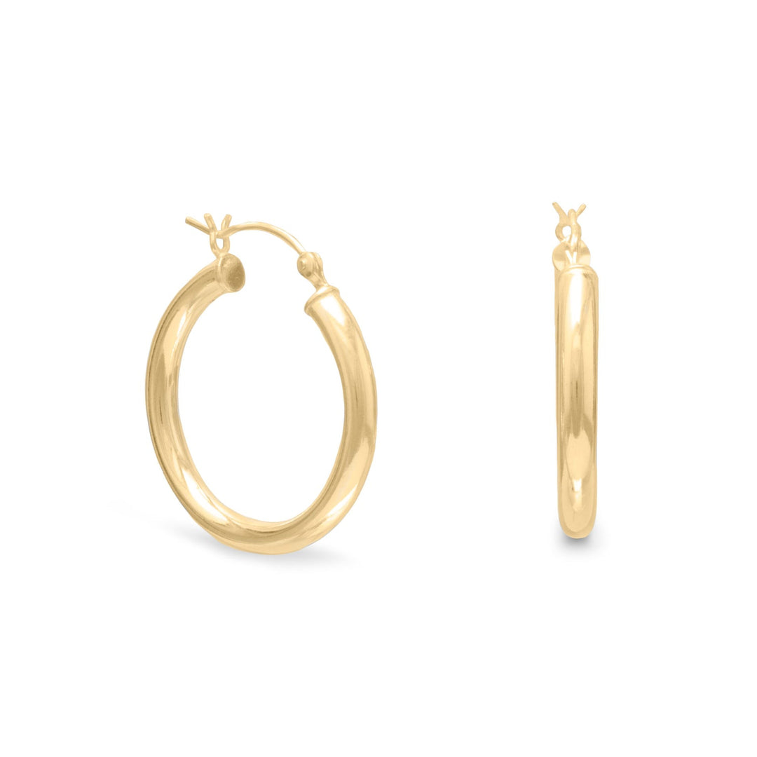 Introducing our exquisite 3mm x 25mm 14 karat gold plated sterling silver hoop earrings, a stunning addition to any jewelry collection. These earrings boast a value gold plating, ensuring a long-lasting and lustrous finish. The safety of the click hoop ensures a secure and comfortable fit, perfect for everyday wear. The mid size of 25mm offers a versatile option, suitable for both work and evening occasions.