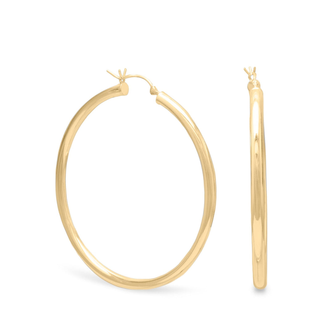 3mm x 40mm 14 karat gold plated sterling silver hoop earrings. .925 Sterling Silver