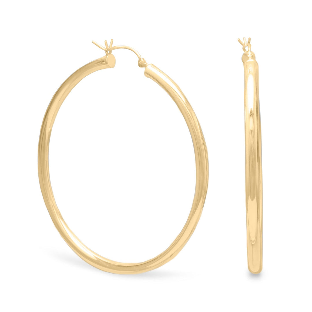 3mm x 50mm 14 karat gold plated sterling silver hoop earrings. .925 Sterling Silver
