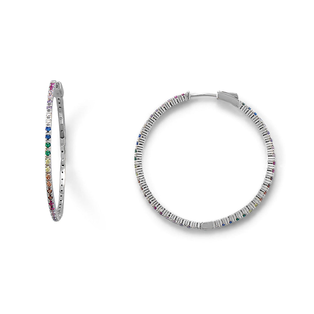 Multi color, a perfect match for all outfits! Rhodium plated sterling silver 40mm rainbow Cubic Zirconia hinged hoop earrings with hidden click closure. Cubic Zirconias go all the way around.