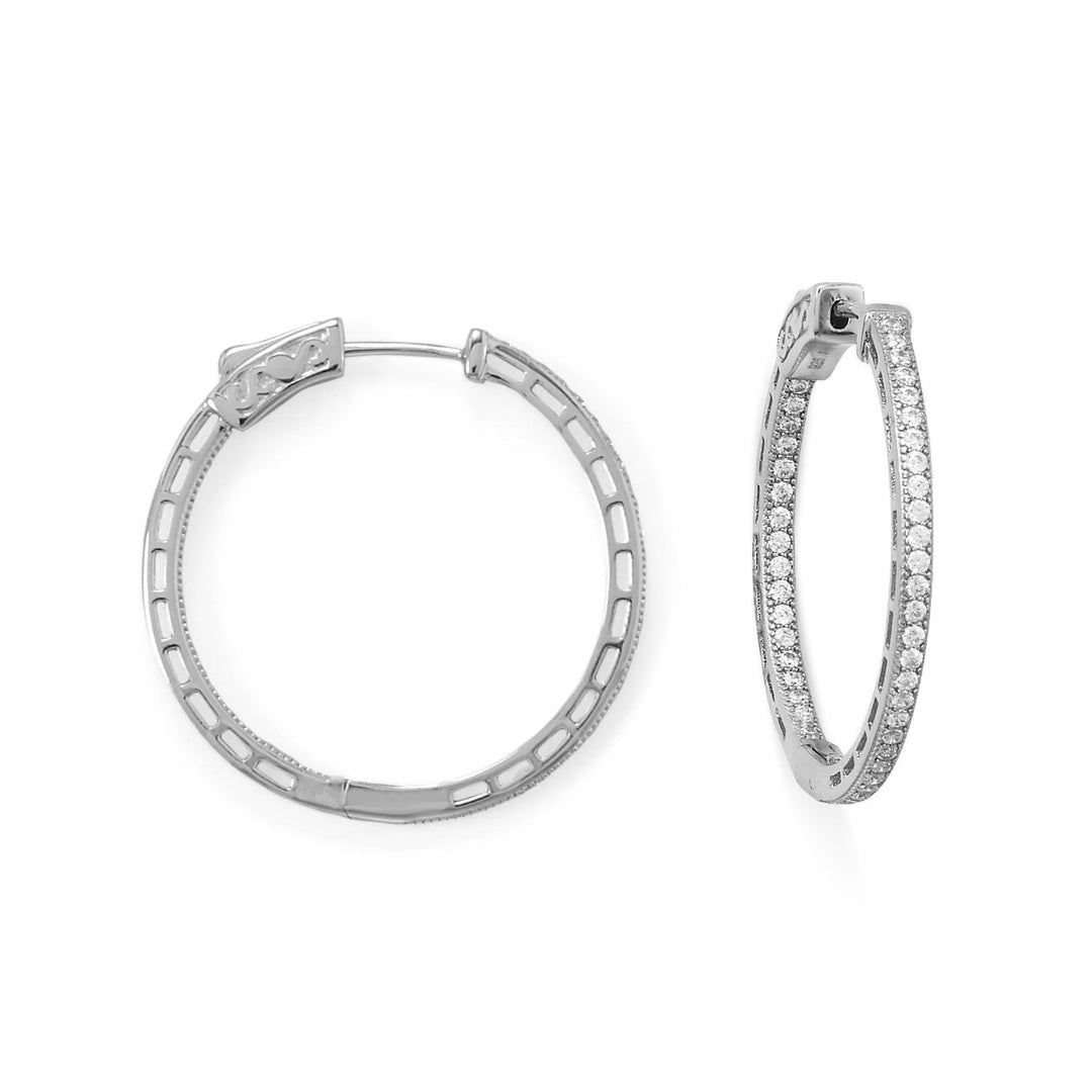 Rhodium-plated sterling silver in/out Cubic Zirconia hoop earrings measure 30mm across and feature a hidden click closure 925 Sterling Silver