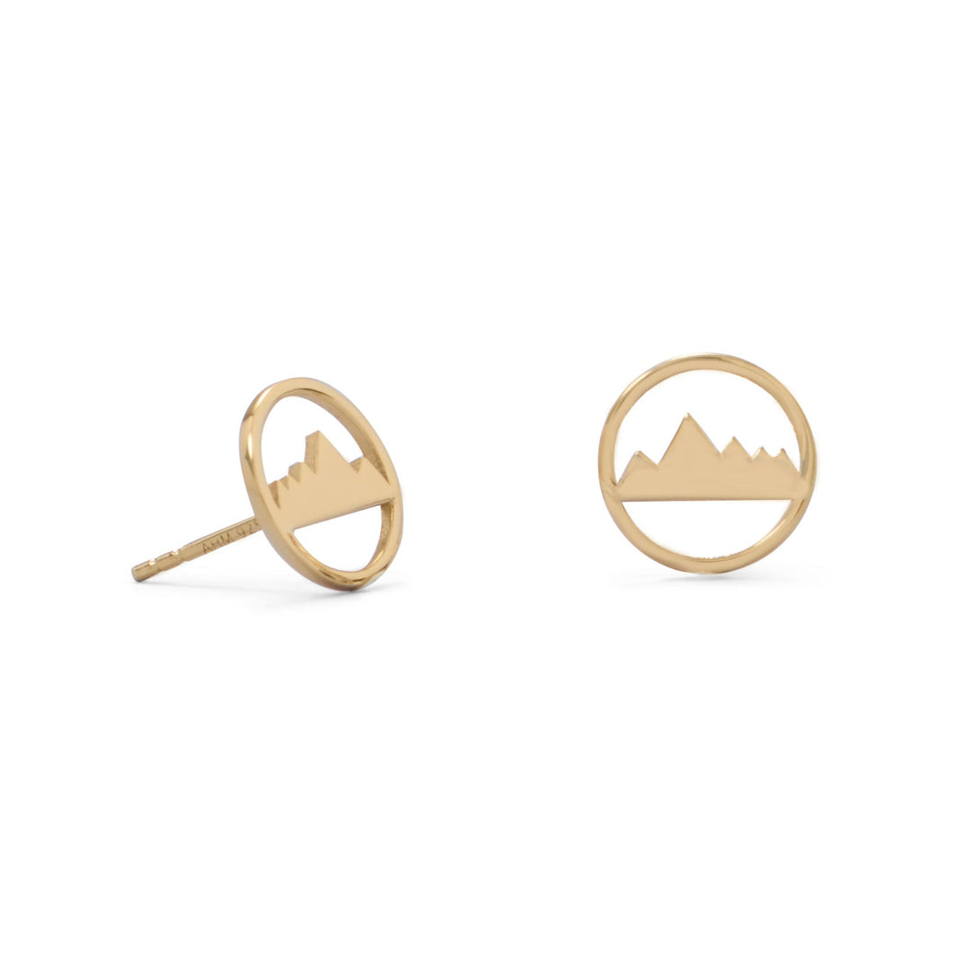 Reach a new peak of fashion! 14 karat gold plated sterling silver mountain range stud earrings measure 10.4mm across. .925 Sterling Silver