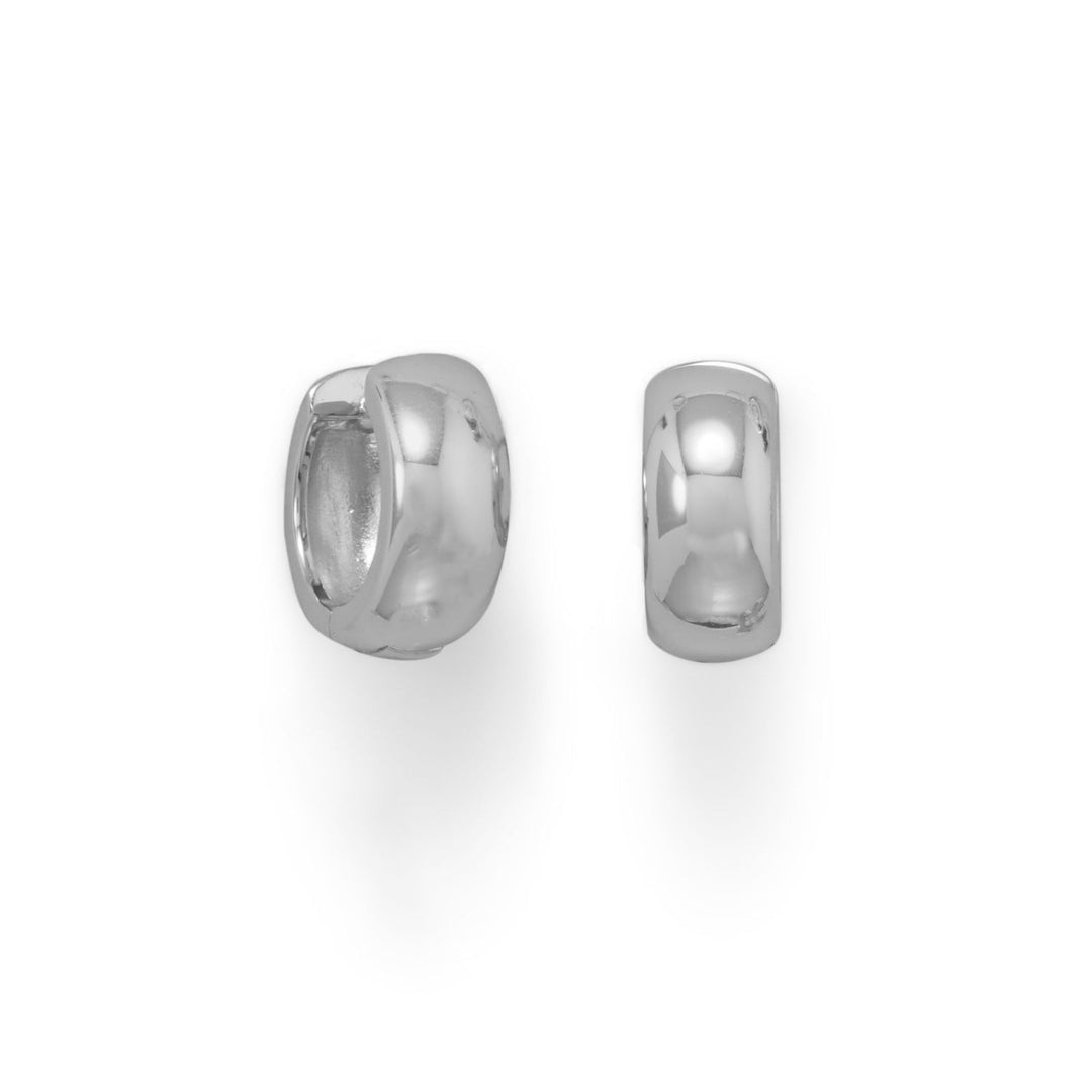 Rhodium plated sterling silver wide huggie click hoop earrings measure 6mm x 15mm. .925 Sterling Silver