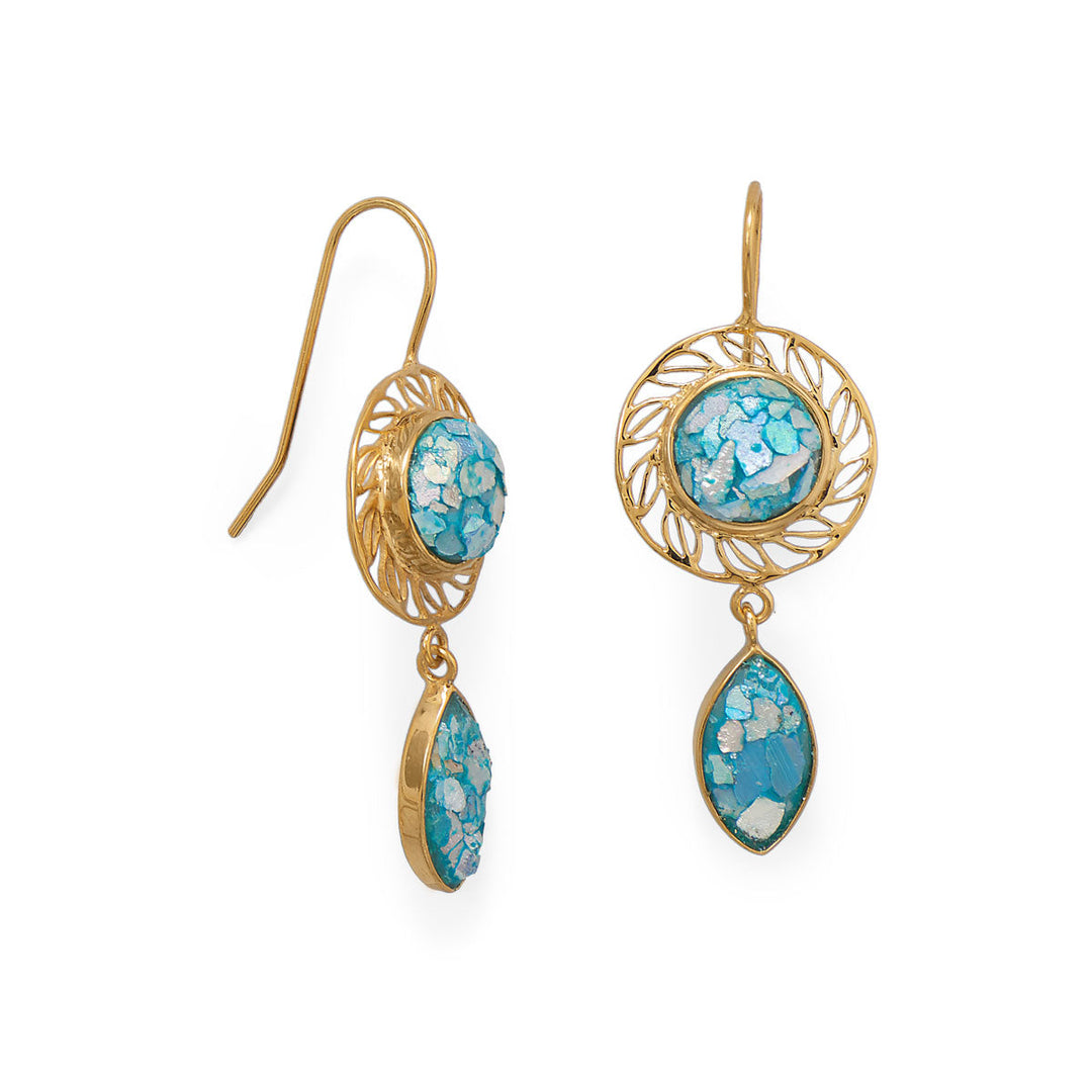 The only earrings you'll want this season! 14 karat gold plated sterling silver drop earrings feature dazzling Roman glass as its' main attraction! Created nearly 2,000 years ago, the round ancient Roman glass measures 10mm in diameter and the marquise piece measures 7mm x 14mm. Total hanging length is 50mm. .925 Sterling Silver  Certificate of Authenticity included.