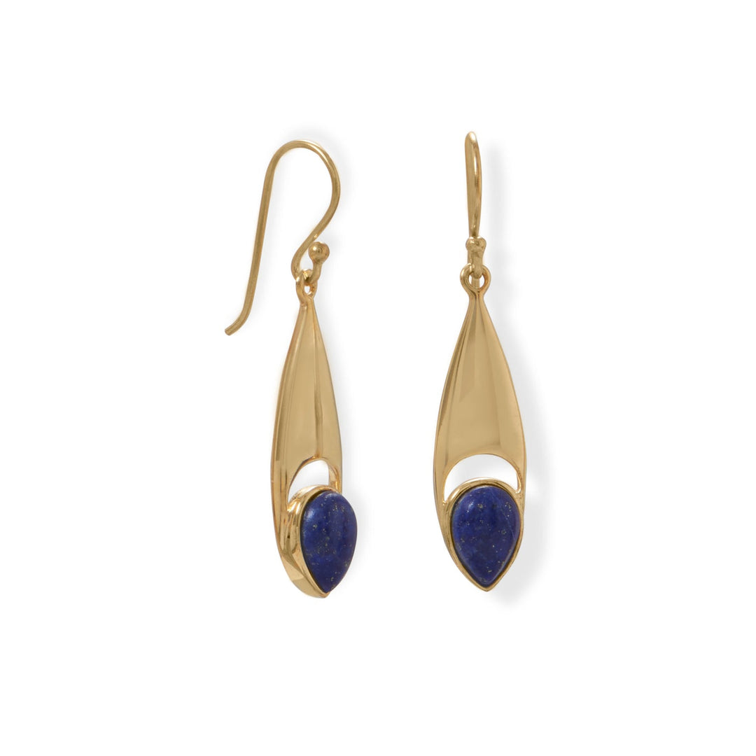 Luxurious 14 karat gold plated sterling silver french wire earrings feature a pear shaped lapis stone that measures 9mm x 6mm. Earring has a total hanging length of 42.5mm. .925 Sterling Silver