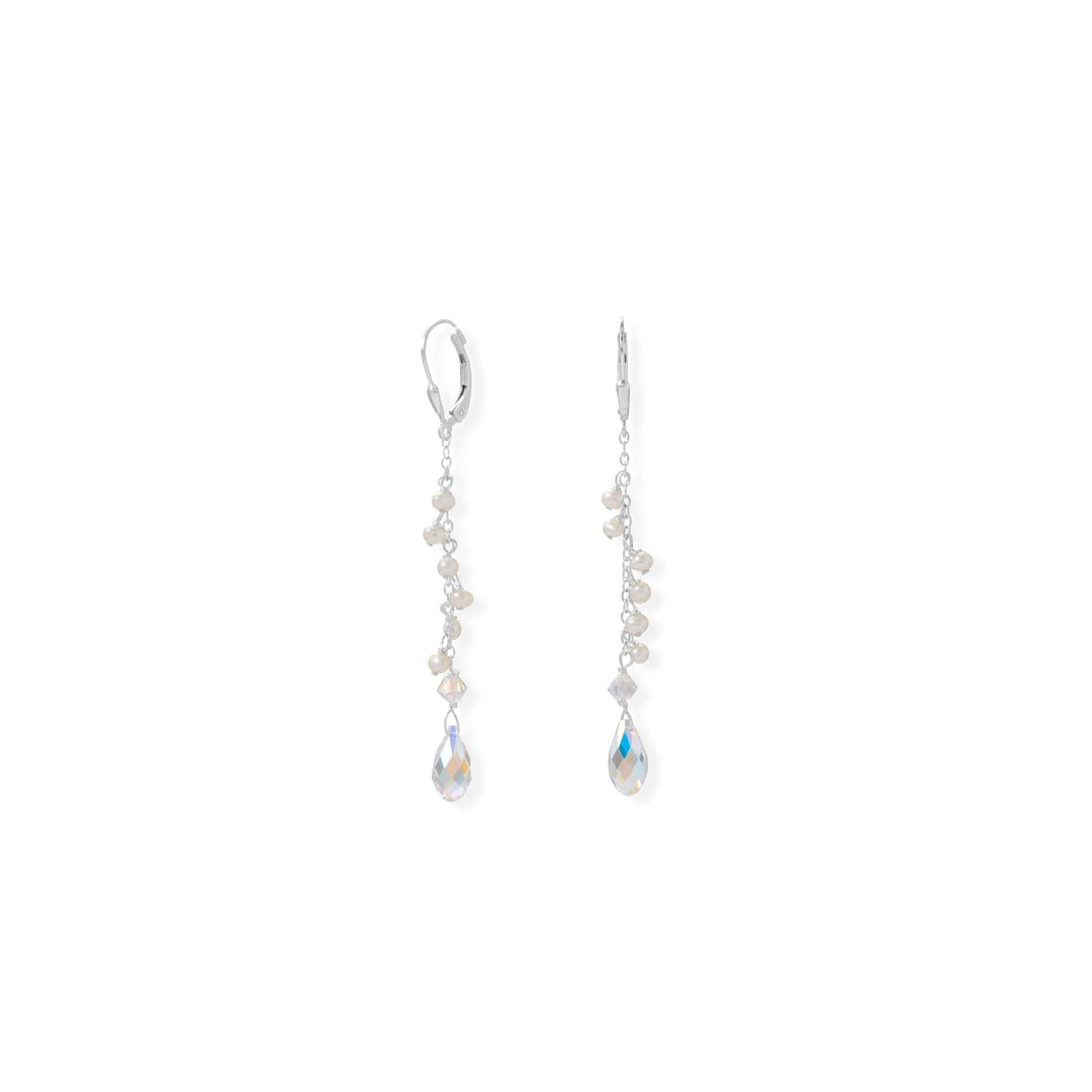 Bridal perfection - poised, precious and pops pearls! Sterling silver lever earrings feature 5.5mm x 11mm briolette AB Swarovski crystals and dainty 2-3mm cultured freshwater pearls. Hanging length is 55mm. .925 Sterling Silver