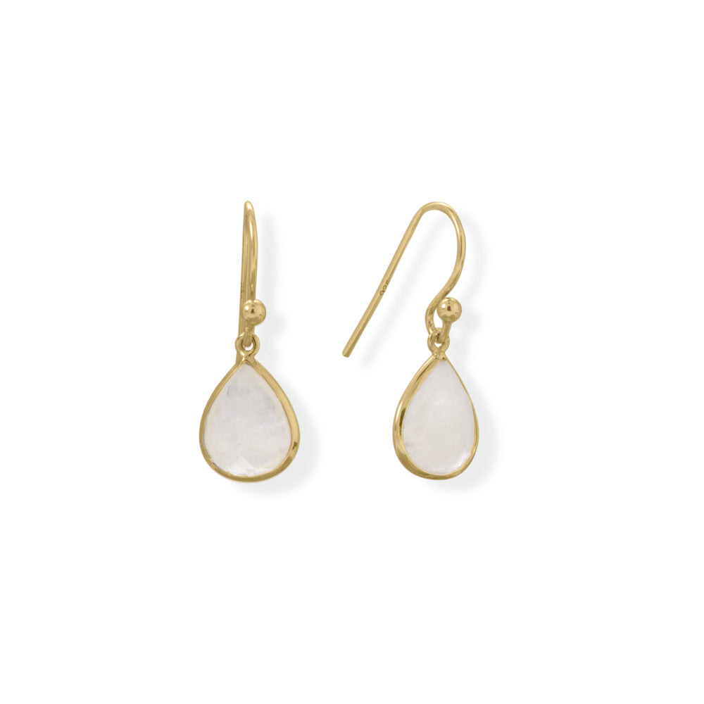 Bright and beautiful and perfect for everyday! 14 karat gold plated sterling silver french wire earrings feature bezel set faceted 8mm x 10mm pear shaped rainbow moonstones. Hanging length is 25mm. .925 Sterling Silver