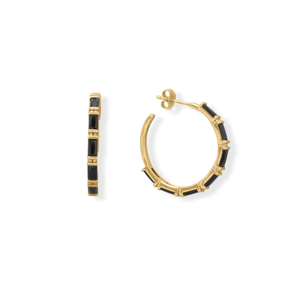 Effortless style? You'll have it in the BAG with these earrings! 14 karat gold plated sterling silver 3/4 post back hoop earrings feature bold black 2.5mm x 5mm baguette CZs. Pro tip: Mix and match or layer our baguette collection for a BOLDER look! .925 Sterling Silver