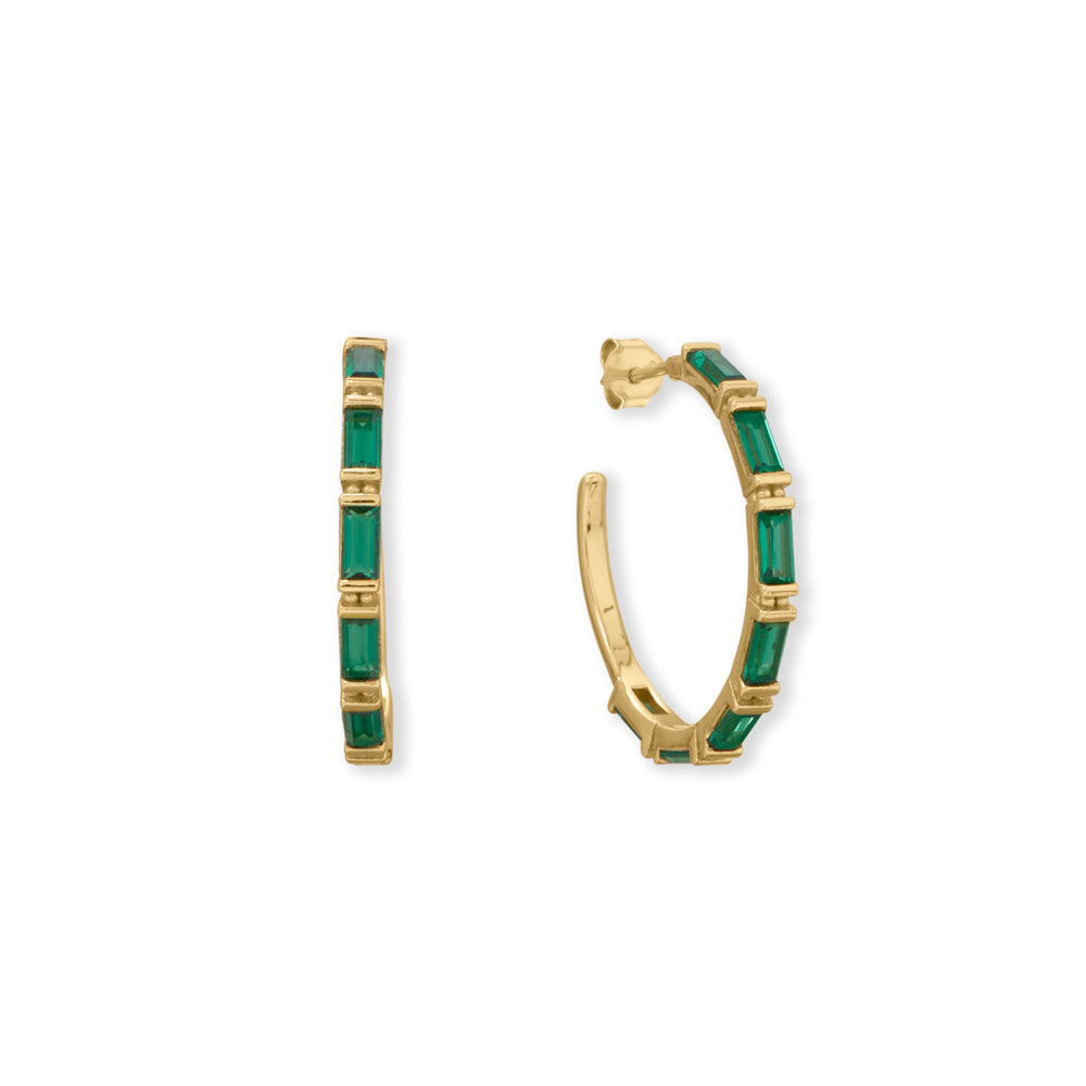 Effortless style? You'll have it in the BAG with these earrings! 14 karat gold plated sterling silver 3/4 post back hoop earrings feature emerald green 2.5mm x 5mm baguette Cubic Zirconias.