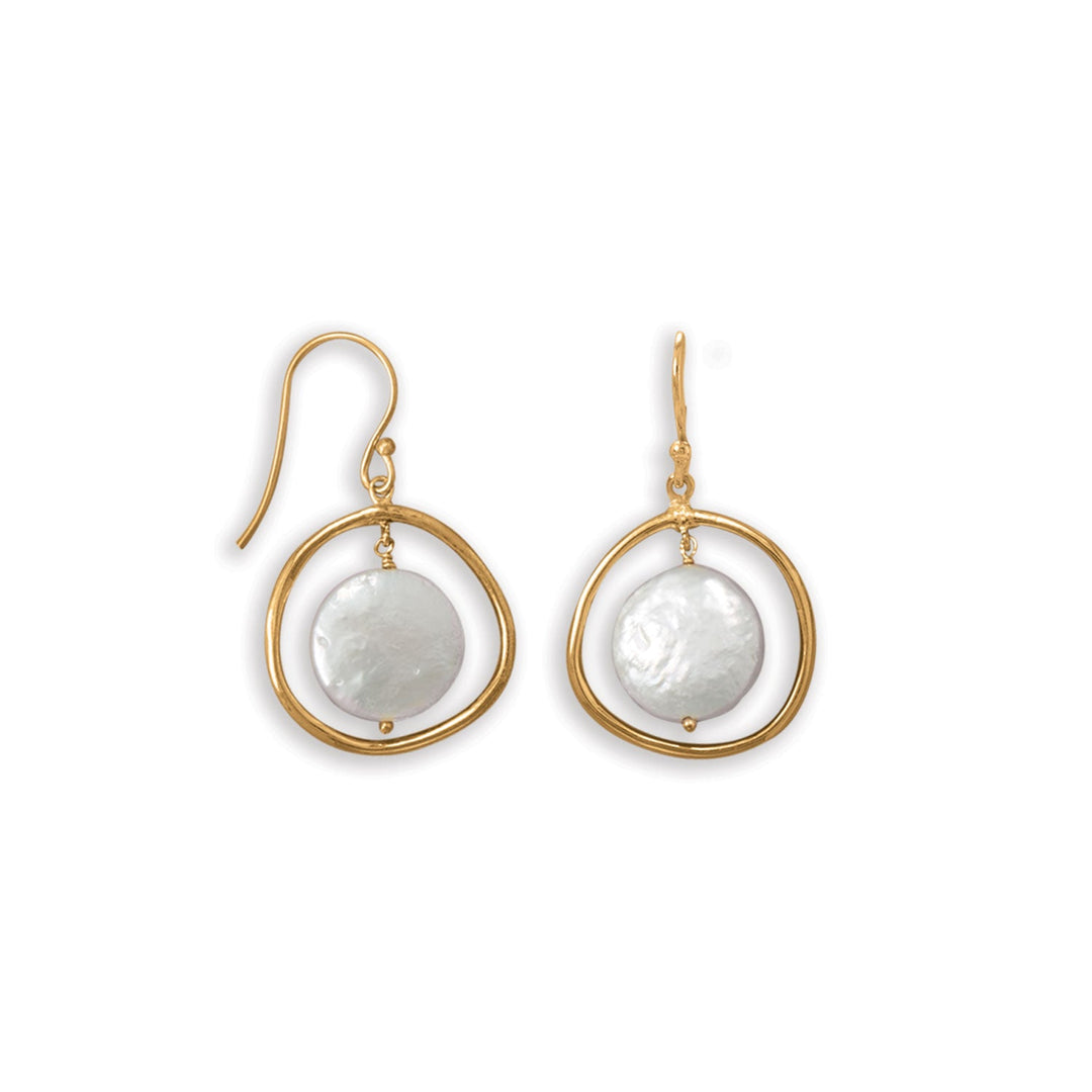 A year-round staple! 14 karat gold plated sterling silver french wire earrings have an oblong open circle design with cultured freshwater coin pearl. Pearls are approximately 13.2mm in diameter and earrings have a total hanging length of 35mm. .925 Sterling Silver