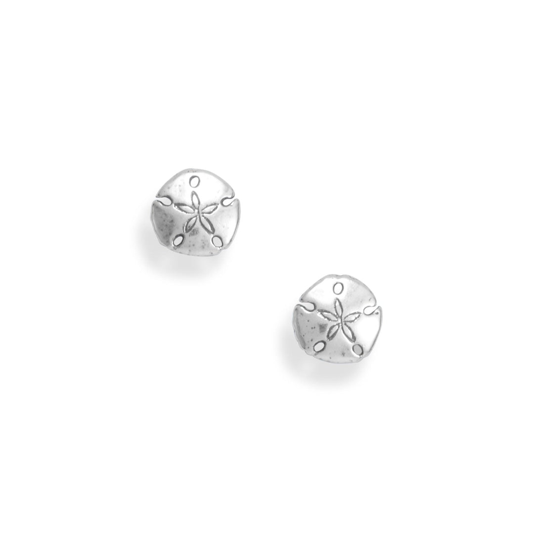 These earrings are a SHORE thing! Oxidized sterling silver sand dollar stud earrings are 8.5mm wide. Earring posts are stainless steel.