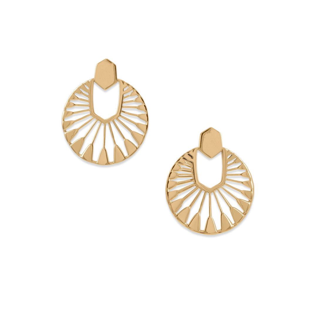 You'll look like a goddess in these gorgeous sun dial style geometric earrings! 14 karat gold plated sterling silver earrings feature a 32mm round geometric design drop. Post back earrings have a hanging length of 38mm. .925 Sterling Silver