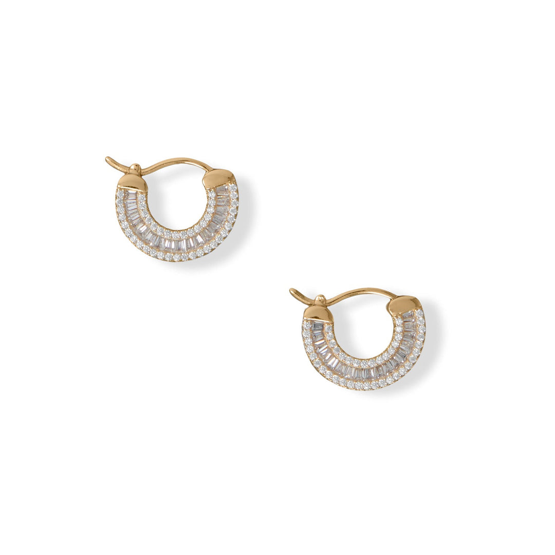 These petite huggie hoops have big shine featuring a whopping 236 Cubic Zirconias per pair. Haloed baguette Cubic Zirconias are on both sides of these 14k gold plated sterling silver click hoop earrings. Hanging length is 14.5mm. .925 Sterling Silver