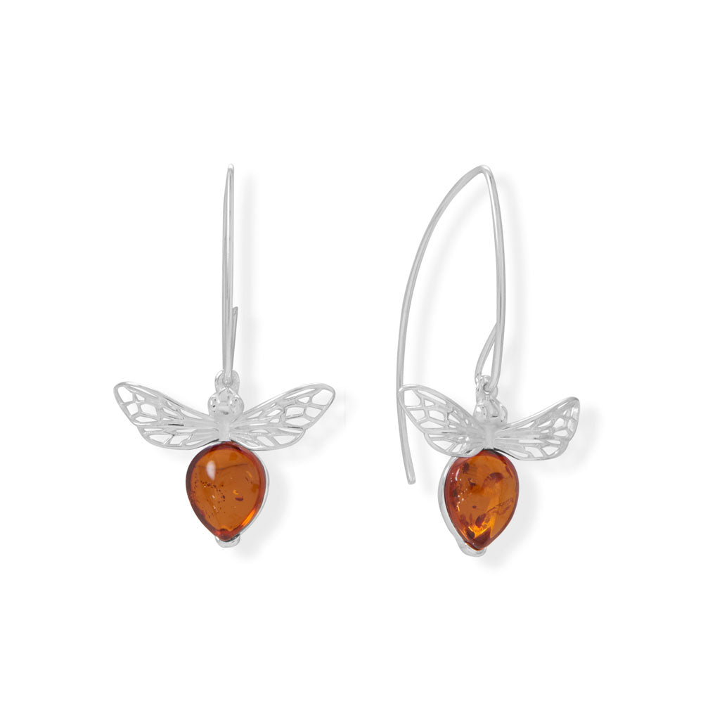 Bee-autiful! Polished sterling silver wire earrings feature a hinged bee design with 8.9mm x 7.5mm genuine Baltic amber. Earrings have a hanging length of 35.2mm. Genuine Baltic amber is from Poland .925 Sterling Silver