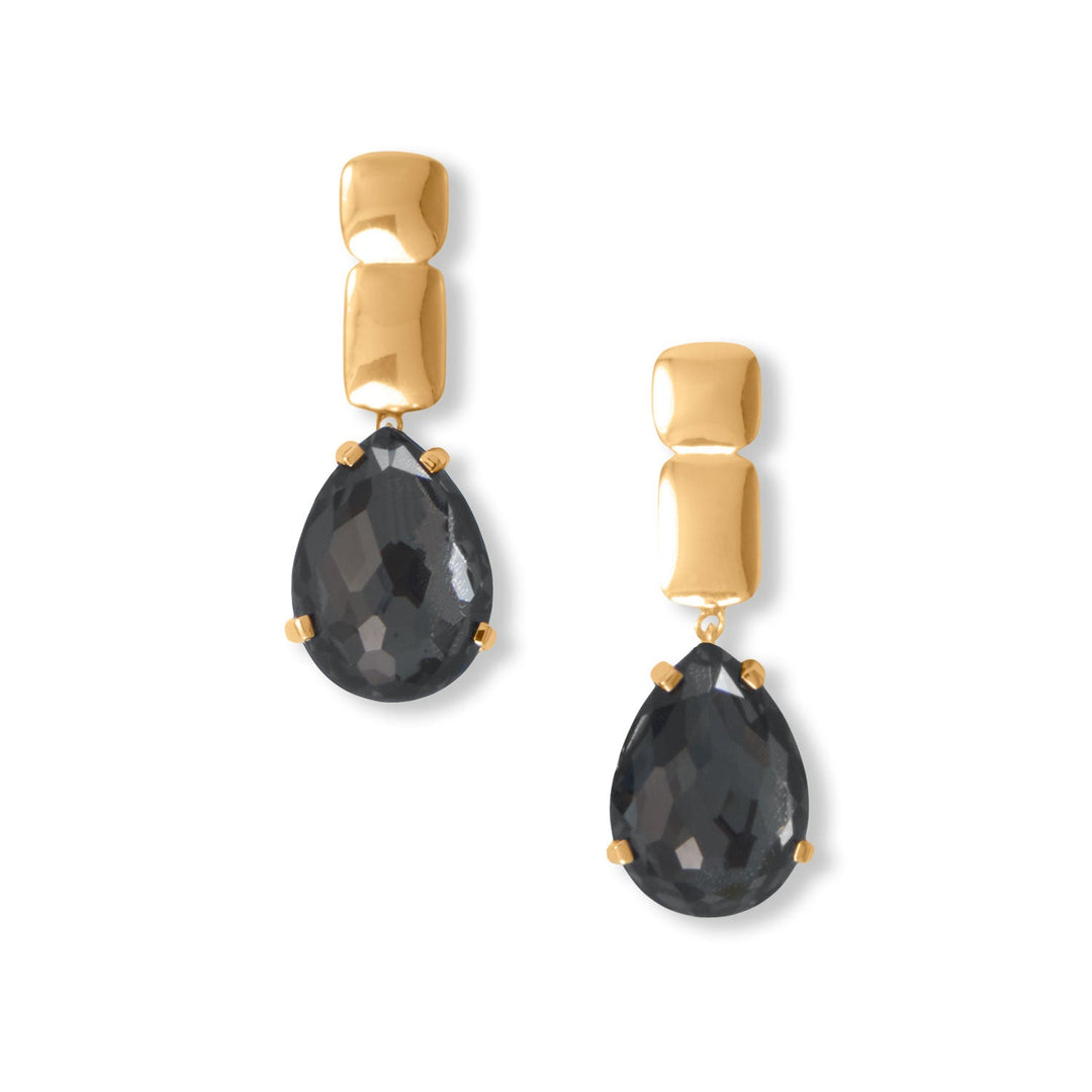 Black tie affair worthy! 14 karat gold plated sterling silver post earrings feature 13mm x 17mm exquisitely cut clear quartz and hematite doublet drops. Earrings have a hanging length of 36.5mm. .925 Sterling Silver
