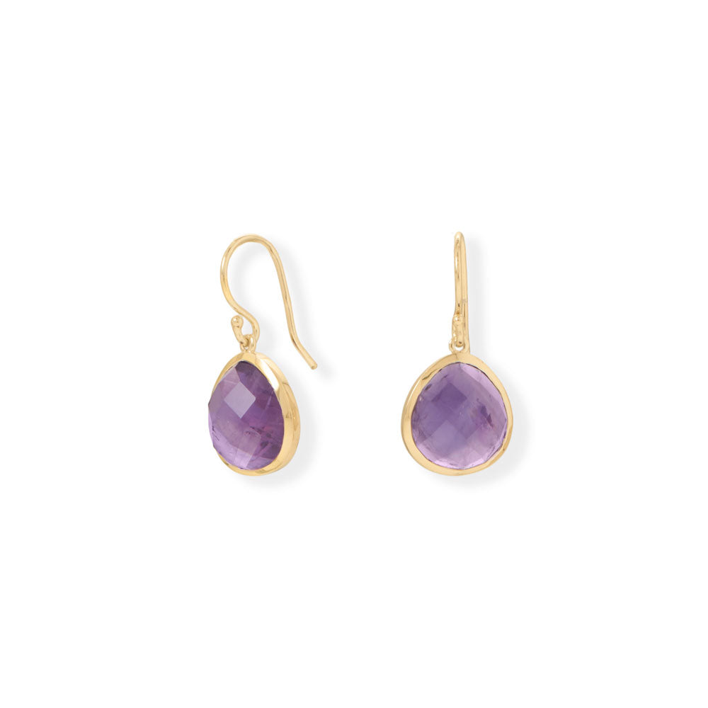 14 karat gold plated sterling silver french wire earrings features 11.2mm x 12mm pear-shaped African amethyst stones. Hanging length is 26.7mm. .925 Sterling Silver