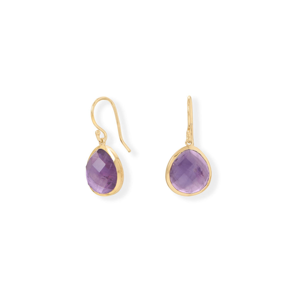 14 karat gold plated sterling silver french wire earrings features 11.2mm x 12mm pear-shaped African amethyst stones. Hanging length is 26.7mm. .925 Sterling Silver 