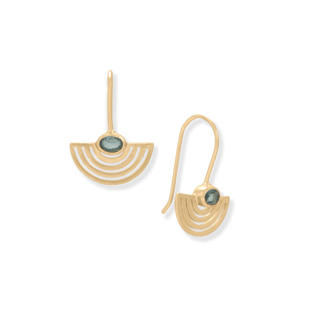 14 karat gold plated fixed wire sterling silver fan design earrings feature 5.5mm x 4mm London blue topaz stones. Hanging length is 26.5mm. .925 Sterling Silver