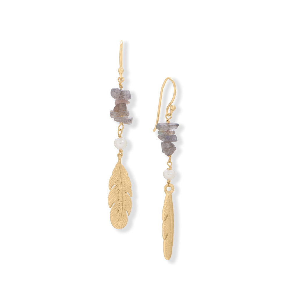 14 karat gold plated sterling silver french wire earrings feature labradorite nugget beads, 4.4mm cultured freshwater pearls, and a feather drop. Labradorite nugget size will vary. Earrings have a hanging length of 66mm. .925 Sterling Silver