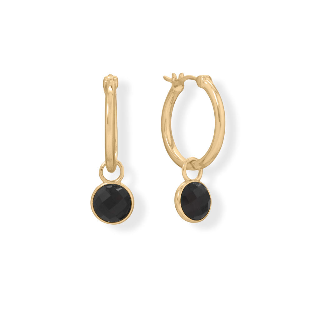 Your new go-to earrings! 14 karat gold plated sterling silver 1.8mm x 15mm click hoop earrings feature a carefully crafted, faceted 7mm black onyx charm. Hanging length is approximately 27.5mm. Pro tip: These earrings are a 2 in 1! Remove charms for a classic hoop look. .925 Sterling Silver