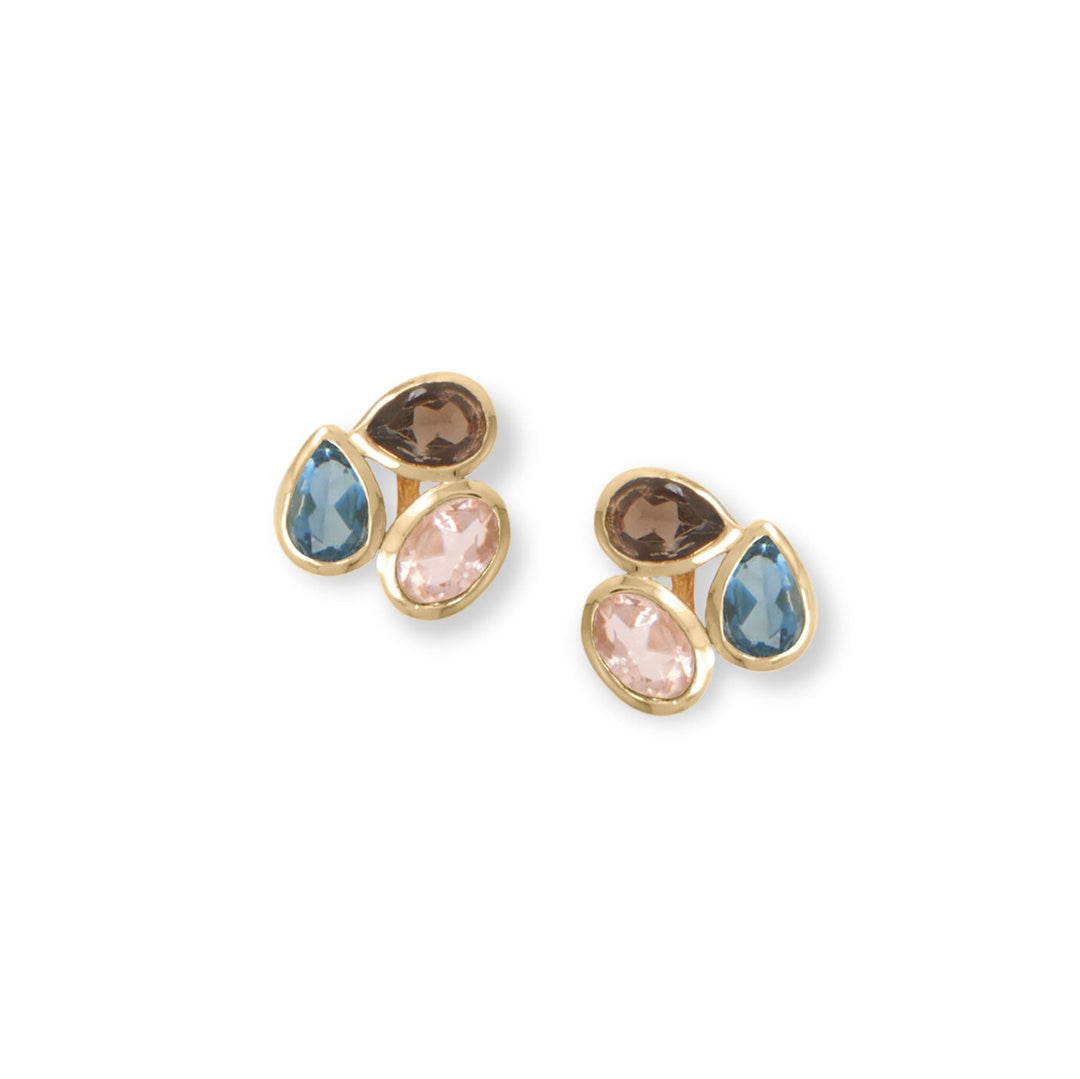 Gorgeous, eye-catching studs. 14 karat gold plated sterling silver earrings have 4mm x 6mm pear blue glass, 4mm x 6mm pear smoky quartz and 4mm x 6mm oval pink glass. .925 Sterling Silver