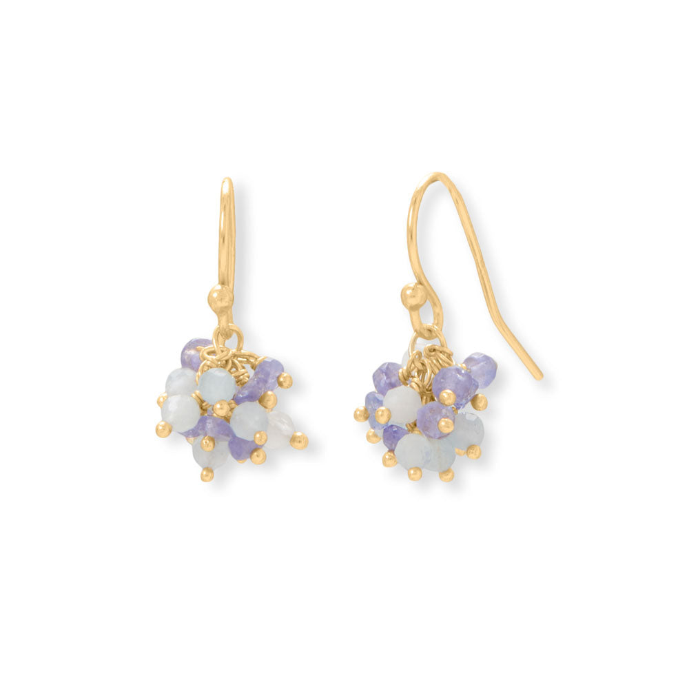 A dancing, dangle earring! 14 karat gold plated sterling silver french wire earrings have 3mm aquamarine and tanzanite bead cluster drops.  .925 Sterling Silver 