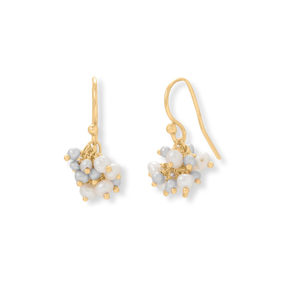 14 Karat Gold White and Grey Pearl Beaded Cluster Drop Earrings
