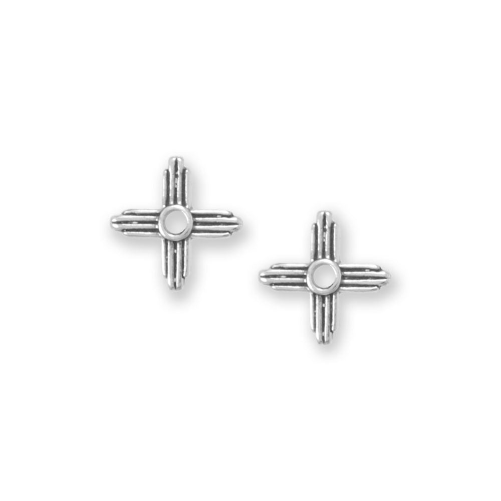 An important symbol in the Pueblo community, these Zia symbol stud earrings are 10.5mm x 10.5mm. Zia symbols have many meanings: The four cardinal directions, the four seasons of the year, the four periods of the day, and the four steps of life. The circle in the middle ties the rays together to represent love and life. Earring posts are stainless steel. .925 Sterling Silver Made in the USA