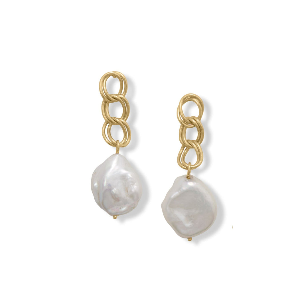 Ring in the new year with this symbol of beauty and new beginnings! 14 karat gold plated sterling silver post back earrings feature a 1" charm chain drop with approximately 10mm x 18mm white baroque cultured freshwater pearls. Pearls will vary in shape and size. Earrings have a total hanging length of 45mm.