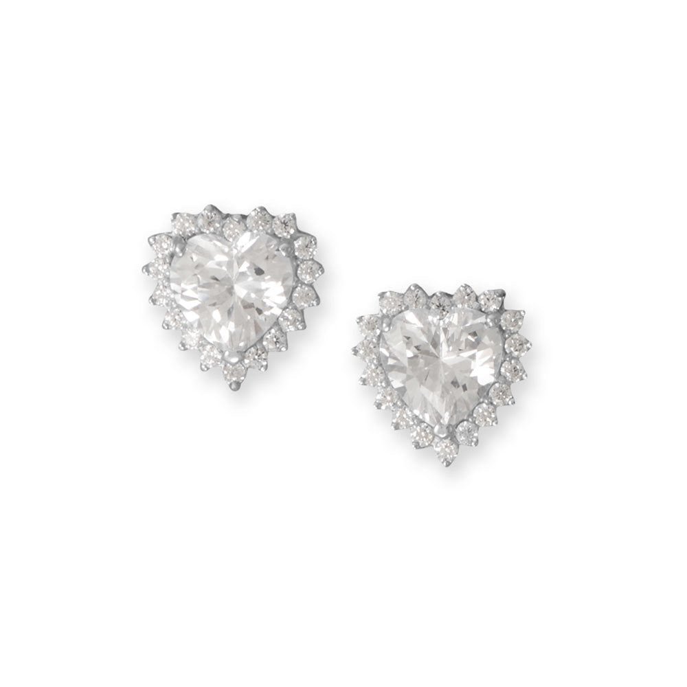 Sterling silver earrings with Rhodium plating that feature a heart Cubic Zirconia  decorated with a Cubic Zirconia halo. Heart Cubic Zirconia is 8.0mm x 8.0mm, and halo Cubic Zirconias are 1.5mm..925 Sterling Silver