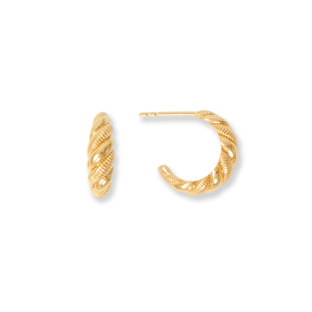 Classic look with a modern twist! 14 karat gold plated sterling silver 3/4 hoop earrings have a polished and textured twist design. Earrings are 5mm wide and 16mm in diameter.  .925 Sterling Silver 