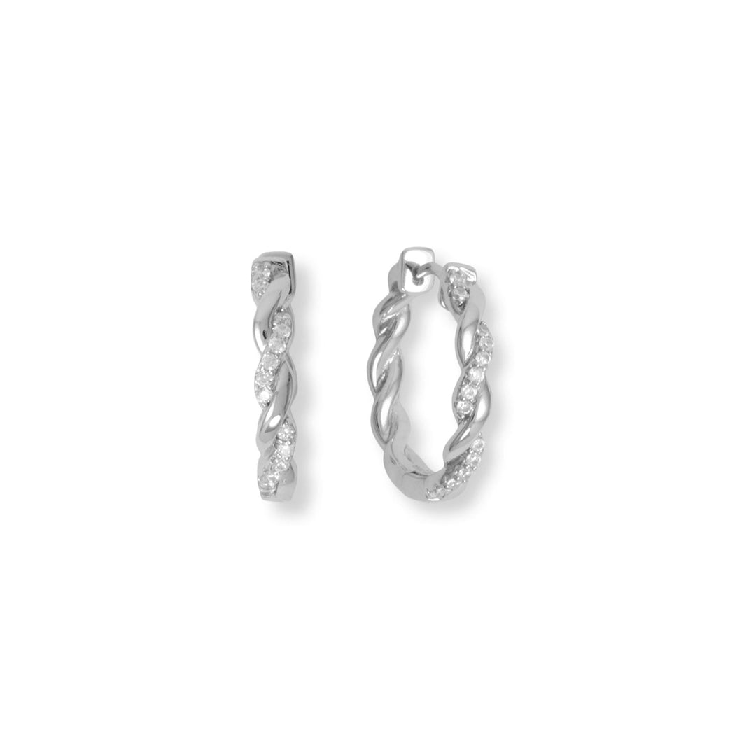 A classic look with a little bit of sparkle! Rhodium plated sterling silver click hoop earrings have 1.3mm Cubic Zirconia accents and a full twist design. Earrings are 20mm wide. .925 Sterling Silver