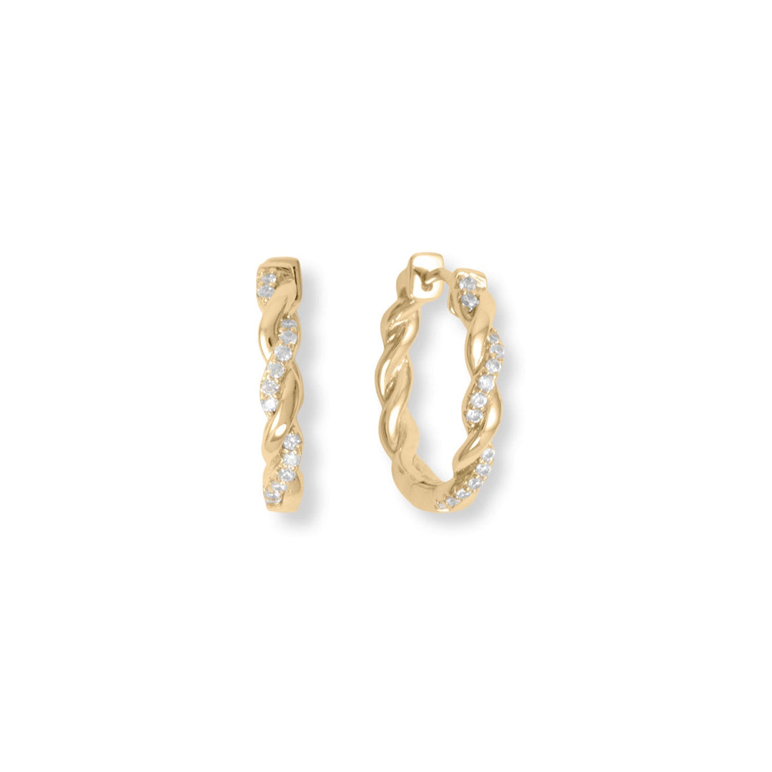 A classic look with a little bit of sparkle! 14 karat gold plated sterling silver click hoop earrings have 1.3mm Cubic Zirconia accents and a full twist design. Earrings are 20mm wide.  .925 Sterling Silver 