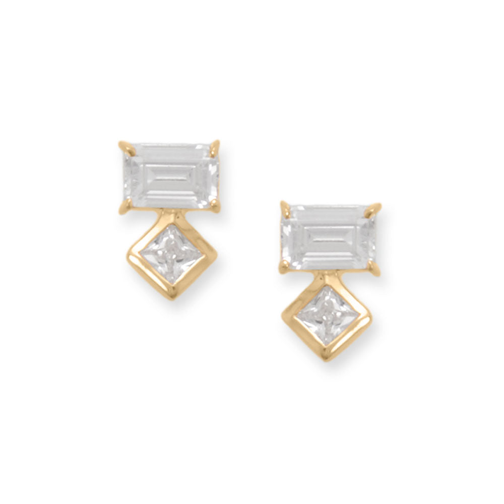 Just a hint of sparkle! 14 karat gold plated sterling silver stud earrings feature 4mm x 6mm baguette cut CZ and 3.5mm square CZ. .925 Sterling Silver