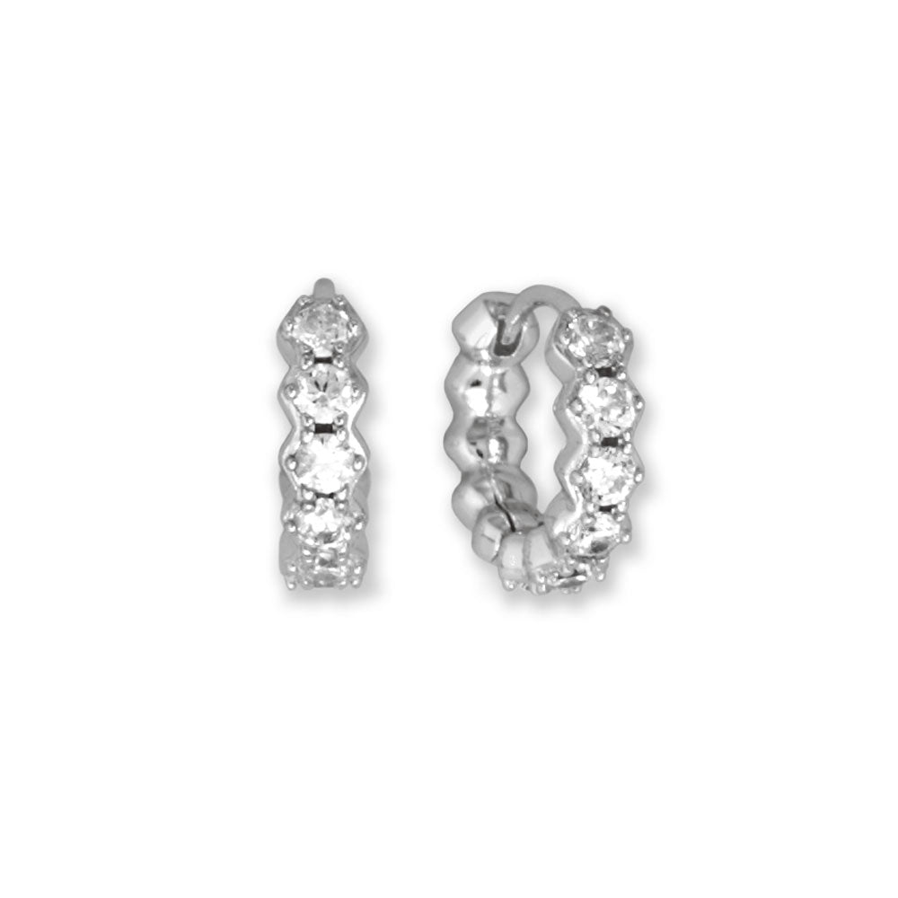 Perfect everyday earrings. Rhodium plated sterling silver hoops have hexagonal shape settings with 2.5mm round Cubic Zirconias on the front only. Hoops have a click closure and measure 10mm in diameter. .925 Sterling Silver