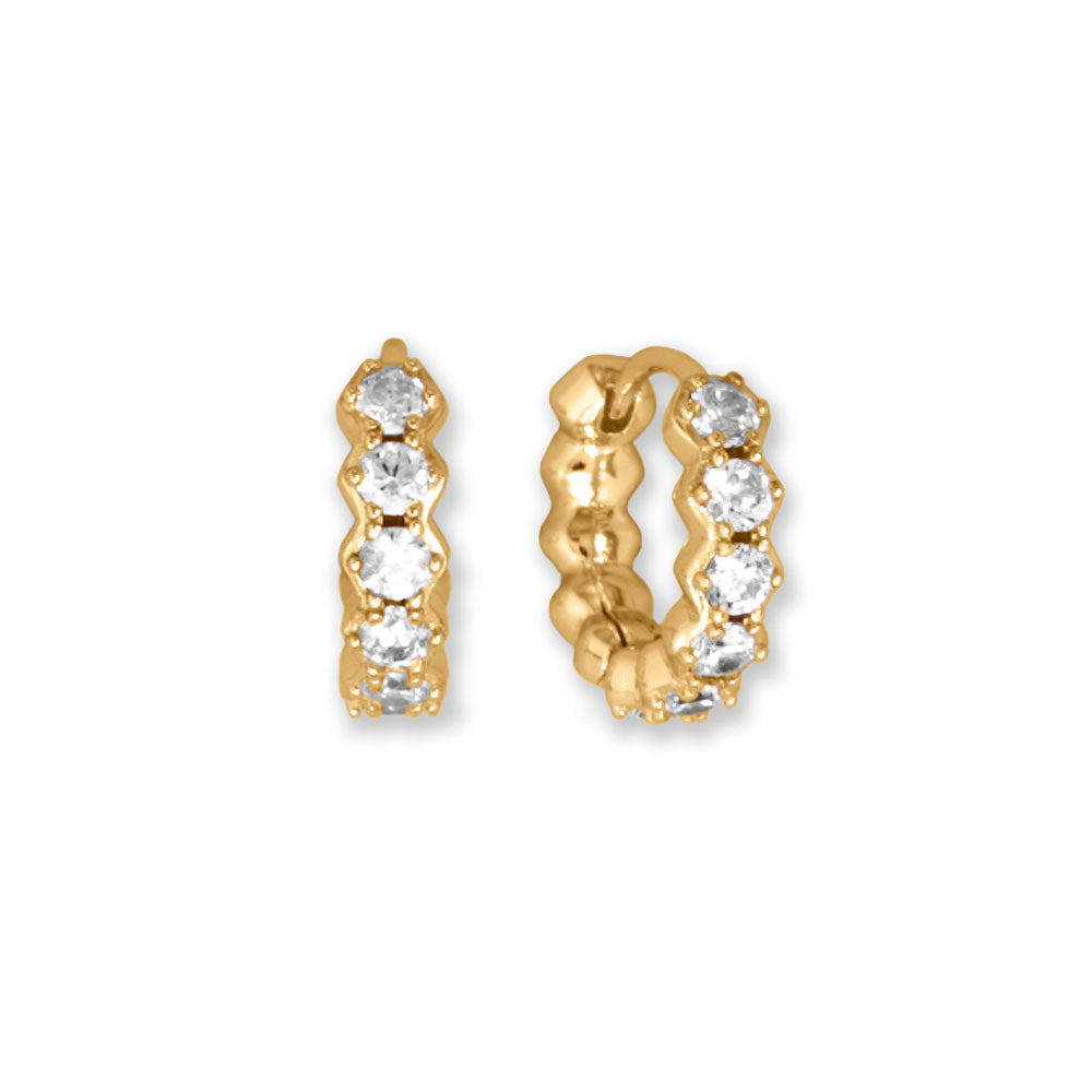 Perfect everyday earrings. 14 karat gold plated sterling silver hoops have hexagonal shape settings with 2.5mm round CZs on the front only. Hoops have a click closure and measure 10mm in diameter.