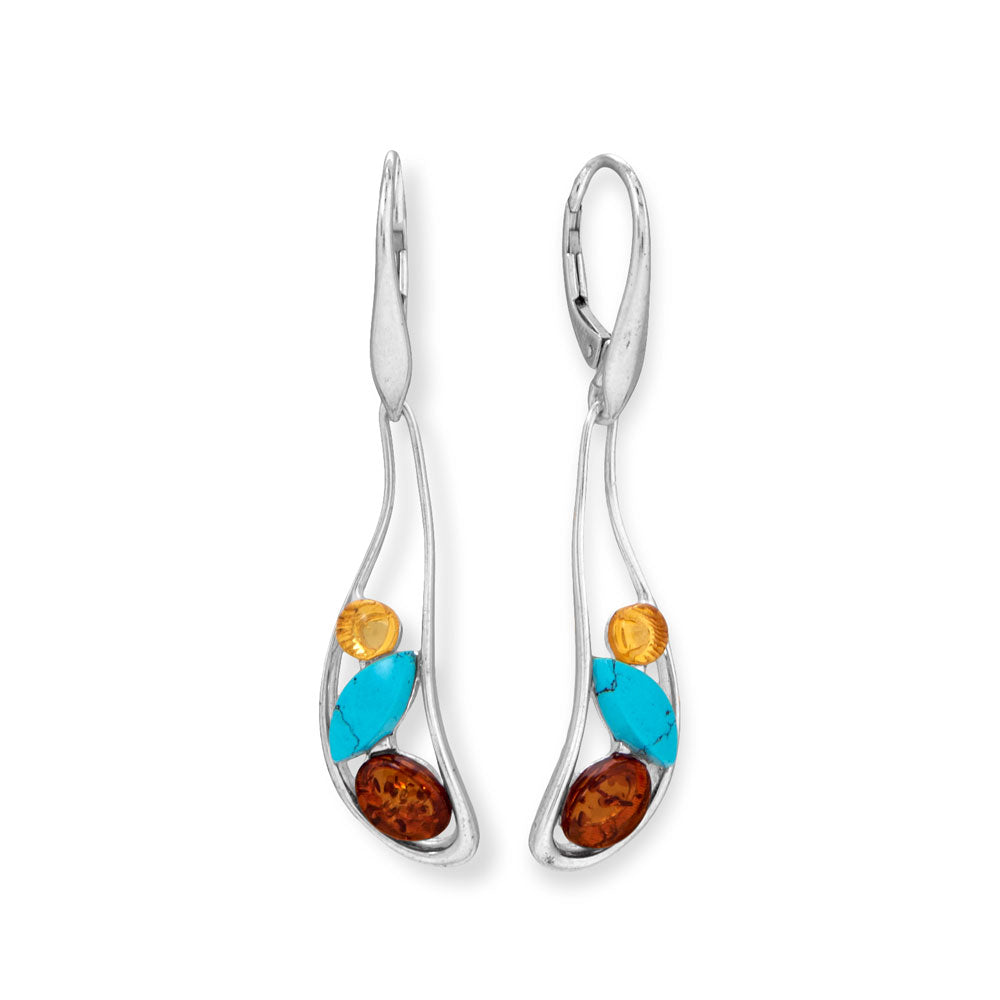 Rich amber + Classic turquoise = Perfect contrast. Sterling silver lever back earrings have an oblong cutout design with multi-color genuine Baltic amber and reconstituted turquoise. Amber is 4mm and 7.5mm x 5mm and turquoise is 9mm x 4mm. Earrings have a hanging length of 47mm. Genuine Baltic amber is from Poland .925 Sterling Silver